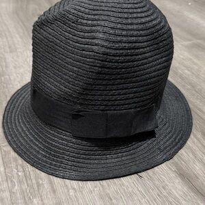 Black Straw Cloche Hat with Ribbon